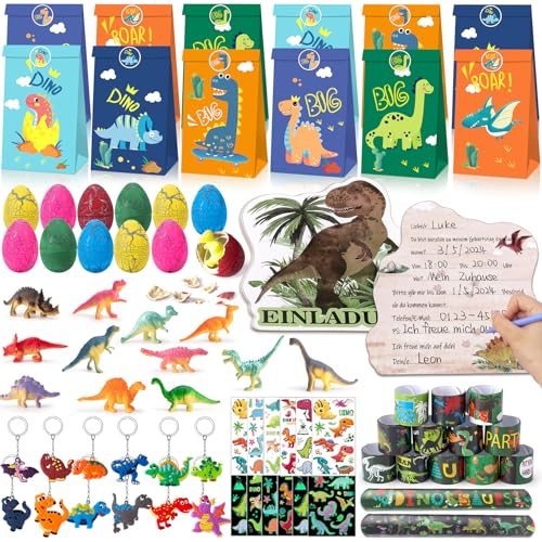 G.C 84 Stück Dinosaurier Party Mitgebsel Kindergeburtstag Gastgeschenke Junge Dino Einladungskarten Dino Eier Figuren Armband Leuchtende Tattoo Geschenktüte Dino Pinata Füllung Mitbringsel Kinder von G.C