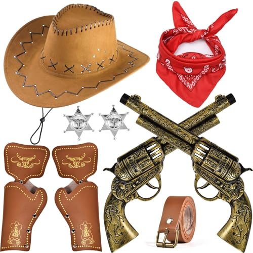 G.C 9 Stk Cowboy Kostüm Zubehör Kinder Jungen Mädchen Cowboyhut Bandanna Metallabzeichen Gürtel Holster Western Cowboy Kostüm Set für Karneval Cosplay Halloween Party Dress Up von G.C