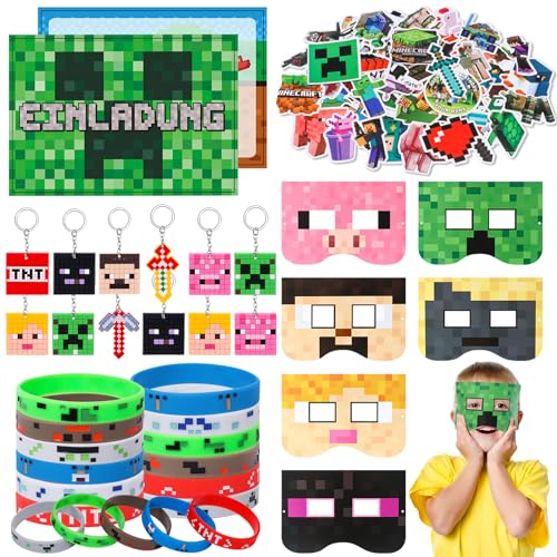 G.C 94Stk Miner Videospiel Party Mitgebsel Kindergeburtstag mit Einladungskarten Maske Schlüsselanhänger Silikon Armband Aufkleber Give Aways Gastgeschenke Geburtstag Gamer Pinata Füllung für Kinder von G.C