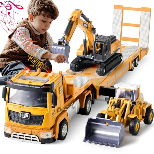 G.C Baufahrzeuge Kinder Groß LKW Spielzeug mit Bagger Bulldozer, 1: 40 Baustellenfahrzeuge Autotransporter Lastwagen mit Licht und Sound Kinder Spielzeug Geschenk für Junge 3 4 5 6 Jahre von G.C