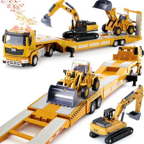 G.C Baufahrzeuge Kinder Groß LKW Spielzeug mit Bagger Bulldozer, 1: 40 Baustellenfahrzeuge Autotransporter Lastwagen mit Licht und Sound Kinder Spielzeug Geschenk für Junge 3 4 5 6 Jahre von G.C