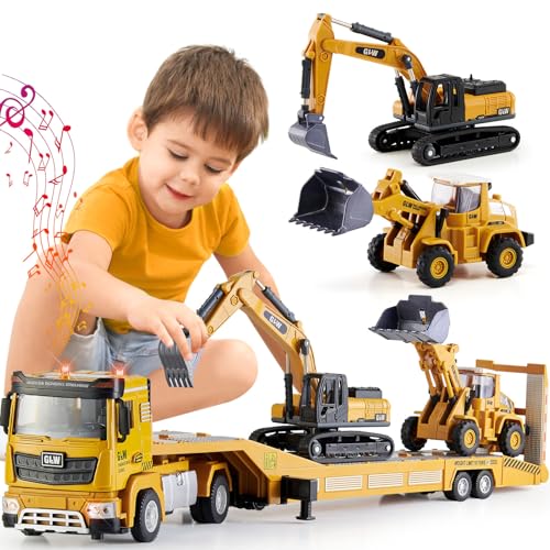 G.C Baufahrzeuge Kinder Groß LKW Spielzeug mit Bagger Bulldozer, 1: 40 Baustellenfahrzeuge Autotransporter Lastwagen mit Licht und Sound Kinder Spielzeug Geschenk für Junge 3 4 5 6 Jahre von G.C