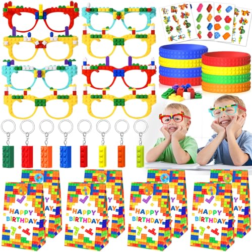 G.C Bausteine Mitgebsel Kindergeburtstag mit Bausteine Party Brillen Schlüsselanhänger Silikon Armband Mitgebsel Tüten Give Aways Kindergeburtstag Pinata Füllung für Junge Mädchen von G.C