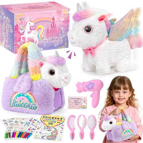 G.C Einhorn Geschenke für Mädchen 3 4 5 6 7 8 Jahre mit Elektrisch Einhorn Kuscheltier Spielzeug der Läuft und Bellt, Plüsch Tasche, Pflege Zubehöre, Interaktiv Unicorn Spielzeug Mädchen Geschenk von G.C