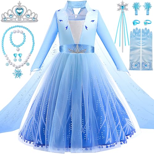 G.C Elsa Prinzessin Kostüm Mädchen Eiskönigin Geschenk mit Elsa Kleid Krone Zauberstab Halskette Handschuhe Frozen Geschenke Halloween Weihnachten Karneval Geburtstag Verkleidung Kinder(130cm) von G.C