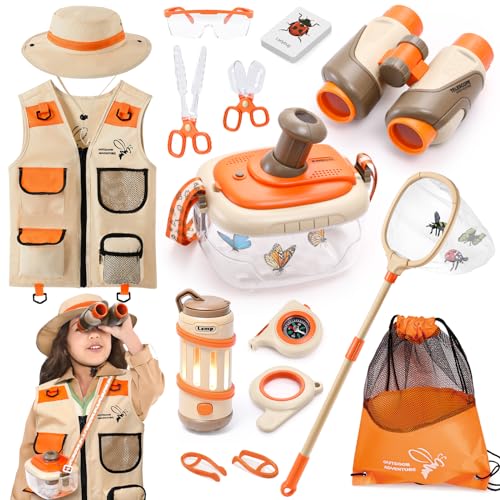 Forscherset Entdecker für Kinder, Outdoor Entdeckerspielzeug mit Safari Kostüm Fernglas Insektenfänger Becherlupen Schmetterlingsnetz Abenteuer Kit Camping Draußen Spielzeug Geschenk Jungen Mädchen von G.C