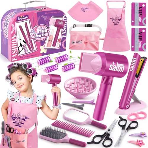 G.C Friseur Set Kinder Spielzeug Geschenke für Mädchen 3 4 5 6 7 Jahre Friseurkoffer mit Haartrockner Haarglätter Kamm Spiegel Schürze Haarstyling Zubehör Kinderschminke Spielzeug Rollenspiel von G.C