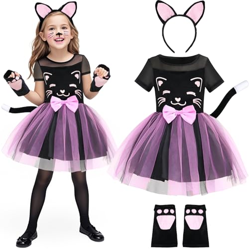 G.C Katze Kleid Mädchen Katzenkostüm mit Katzenohren Haarreif Katzenschwanz Handschuhe Katzenkleid Tierkostüm Set für Karneval Fasching Halloween Weihnachten Cosplay (100, 2-3 Jahre) von G.C