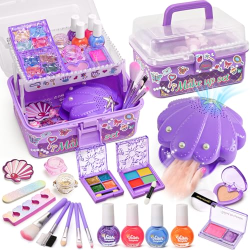 G.C Kinderschminke Nagelstudio Set Mädchen Spielzeug mit Nagellacktrockner Nagellack Waschbare Kinderschminke Tragbare Tragebox, Schminkkoffer Nagelset Kinder Geschenk Mädchen 4 5 6 7 8 Jahre (Lila) von G.C