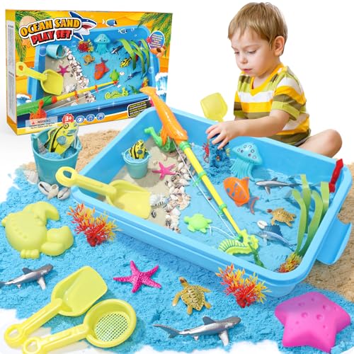 G.C Magic Sand Kinder Sand Koffer mit 900g Spielsand Knetsand Meerestiere Figuren Sandformen Angelspiel Sensorisches Zaubersand Sandspielzeug Unterwasserwelt Geschenk für Junge von G.C