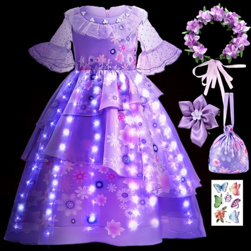 G.C LED Leuchtend Isabella Kostüm Mädchen Prinzessin Kleid mit Blumenkranz Haarreif Tasche Tattoo Prinzessin Verkleidung Encanto Kostüm für Karneval Fasching Geburtstag Weihnachten (100, 2-3 Jahre) von G.C