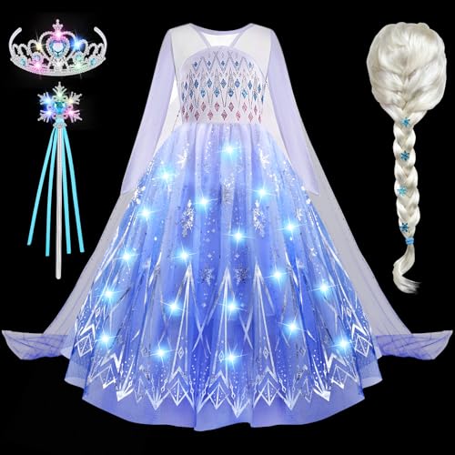 G.C LED Leuchtend Prinzessin Kleid Mädchen Eiskönigin Elsa Kostüm mit Perücke Krone Zauberstab Prinzessin Verkleidung Geburtstag Weihnachten Fasching Karneval Halloween Kostüm für Kinder (9-10 Jahre) von G.C