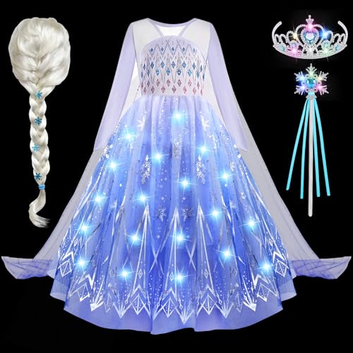 G.C LED Leuchtend Prinzessin Kleid Mädchen Eiskönigin Elsa Kostüm mit Perücke Krone Zauberstab Prinzessin Verkleidung Geburtstag Weihnachten Fasching Karneval Halloween Kostüm für Kinder (9-10 Jahre) von G.C