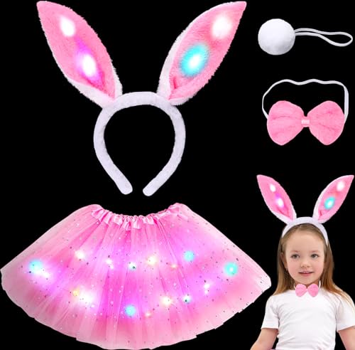 G.C LED Leuchtende Hasenkostüm Kinder mit Hasenohren Haarreif Stirnband Tutu Rock Fliege Tierkostüm Häschenkostüm Mädchen für Ostern Karneval Fasching Halloween Cosplay von G.C