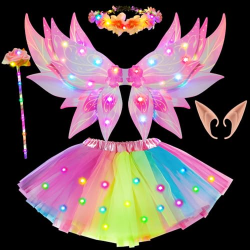 G.C Leuchtende Feenkostüm Mädchen LED Feenflügel mit Tutu Tüllrock Blumenkranz Zauberstab Elfenohren Fee Kostüm Kinder Faschingskostüm Halloween Karneval Kostüm für Mädchen (Rosa) von G.C