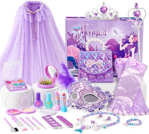 G.C Meerjungfrau Spielzeug Geschenke für Mädchen 3 4 5 6 7 8 Jahre, Kinderschminke Set & Prinzessin Kostüm Zubehör & Handtasche & Peel Off Nagellack, Meerjungfrauen Spielzeug Geschenk Mädchen von G.C