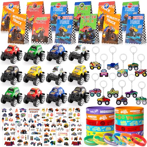 G.C Monster Truck Party Mitgebsel Kindergeburtstag 5 6 7 8 9 Jahre mit Mini Monster Truck Schlüsselanhänger Geschenktüten Monstertruck Give Aways Gastgeschenk Kindergeburtstag Pinata Füllung Jungen von G.C