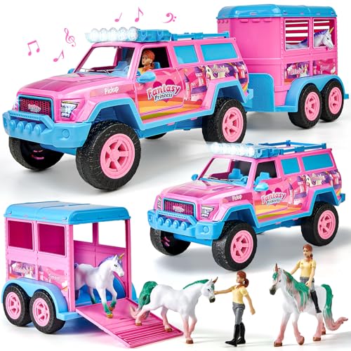 G.C Pferde Transporter Spielzeug Geschenke für Mädchen 3 4 5 6 Jahre, 1:16 Rosa Pferdetransporter mit Geräuschen Lichtern & Pferdeanhänge & Einhorn, Pferde Mädchen Spielzeug Geschenk Weihnachten von G.C