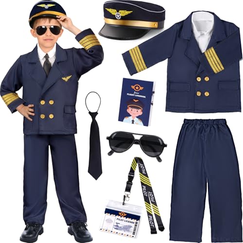 G.C Pilot Kostüm Kinder Airline Flieger Kapitän Kostüm mit Pilotenmütze Krawatte Sonnenbrille Piloten Uniform Set Halloween Fasching Karneval Kostüm für Junge Cosplay (L, 10-12 Jahre) von G.C