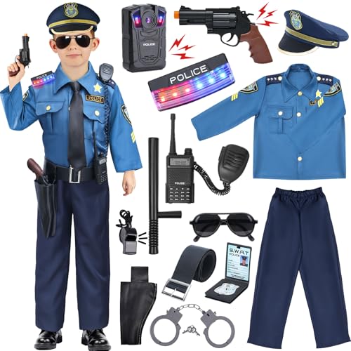 G.C Polizei Kostüm Kinder mit Mütze Gürtel Polizei Ausrüstung Schulter Licht Recorder Handschellen Sonnenbrille Walkie Talkie Polizei Spielzeug Halloween Karneval Kostüm für Jungen (L, 8-12 Jahre) von G.C