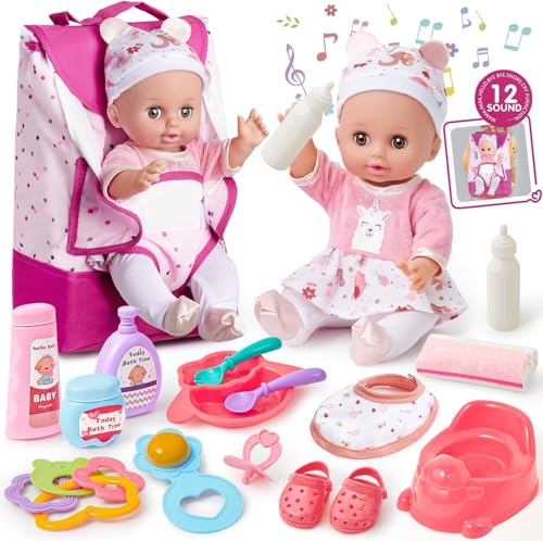 G.C Puppenzubehör Spielzeug Geschenk Mädchen, 14 Zoll Babypuppe mit 12 Geräuschen & Rucksack & Puppenkleidung & Töpfchen, Puppen Zubehör Fütterung und Pflege Set Geschenke für Mädchen 3 4 5 6 Jahre von G.C