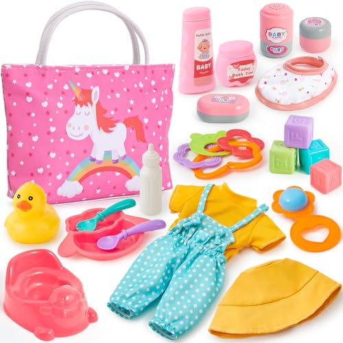 G.C Puppenzubehör Spielzeug Geschenk Mädchen, Puppen Zubehör Einhorn Handtasche Puppenkleidung Töpfchen, Puppenzubehör Fütterung und Pflege Set Weihnachten Geschenke Für Mädchen 3 4 5 6 Jahre von G.C