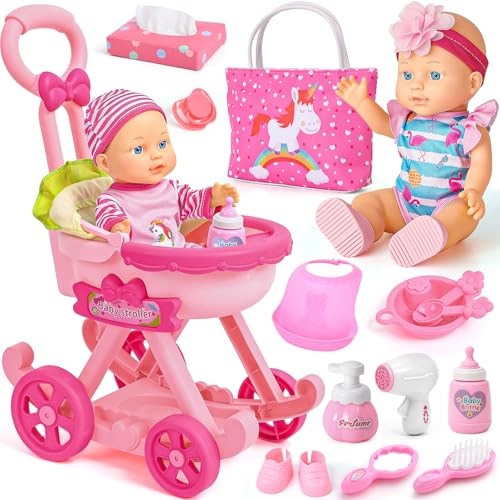 G.C Puppenzubehör Spielzeug Geschenk Mädchen, Puppen Zubehör mit Babypuppe & Puppenwagen & Handtasche & 2 Puppenkleidung, Puppenzubehör Fütterung Und Pflege Set Geschenke für Mädchen 3 4 5 6 Jahre von G.C