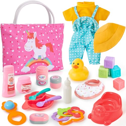 G.C Puppenzubehör Spielzeug Geschenk Mädchen, Puppen Zubehör Einhorn Handtasche Puppenkleidung Töpfchen, Puppenzubehör Fütterung und Pflege Set Geschenke Mädchen 3 4 5 6 Jahre (Puppe Nicht Enthalten) von G.C