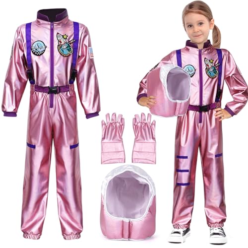 G.C Rosa Astronaut Kostüm für Kinder Mädchen Astronaut Overall mit Helm Handschuhe Weltall Raumfahrer Rollenspiel Halloween Cosplay Party Karneval Kostüm Faschingskostüme (L, 12-14 Jahre) von G.C