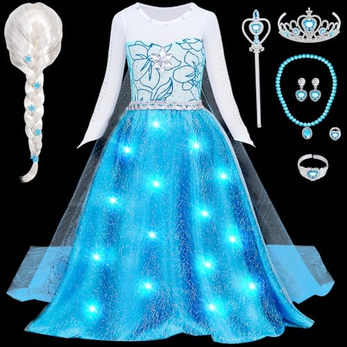 LED Leuchtend Elsa Kostüm Mädchen Eiskönigin Prinzessin Kleid mit Elsa Perücke Prinzessin Krone Faschingskostüm Weihnachten Geburtstag Halloween Kostüm Karneval Verkleidung Kinder (100, 2-3 Jahre) von G.C