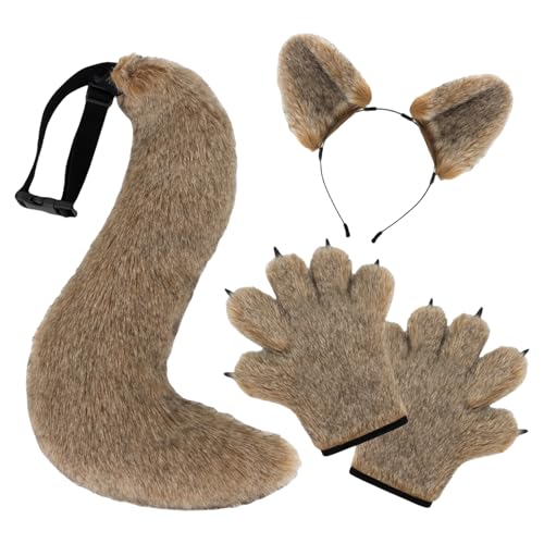 Wolfskostüm-Zubehör-Set, Wolfsohren, Stirnband, Schwanz, Pfoten, Handschuhe, Zubehör-Set, Halloween, Wolfskostüme für Kinder und Erwachsene von GADAW