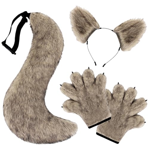 Wolfskostüm-Zubehör-Set, Wolfsohren, Stirnband, Schwanz, Pfoten, Handschuhe, Zubehör-Set, Halloween, Wolfskostüme für Kinder und Erwachsene von GADAW