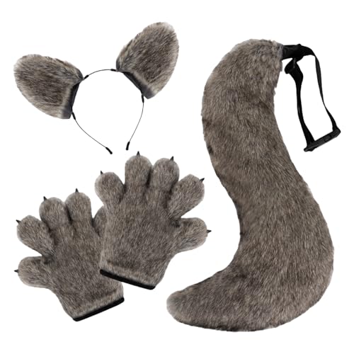 Wolfskostüm-Zubehör-Set, Wolfsohren, Stirnband, Schwanz, Pfoten, Handschuhe, Zubehör-Set, Halloween, Wolfskostüme für Kinder und Erwachsene von GADAW