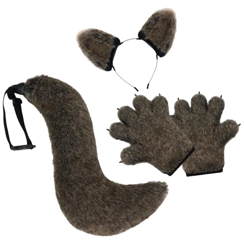 Wolfskostüm-Zubehör-Set, Wolfsohren, Stirnband, Schwanz, Pfoten, Handschuhe, Zubehör-Set, Halloween, Wolfskostüme für Kinder und Erwachsene von GADAW