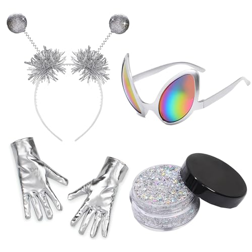 4 Stück Alien Kostüm Damen, Alien Haarreif mit Alien Brille Alien Handschuh Glitzer Zubehör, Glitzer Alien Haarreif Karneval Space Girl Kostüm Damen Weltall Kostüm für Fasching Discokugel Kostüm von GADITIEK