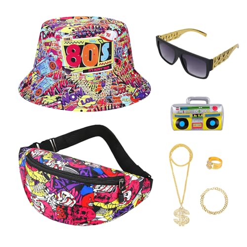 7Stück 80er Jahre Accessoires, 80er Jahre Outfit Herren, Zuhälter Kostüm Gangster Kostüm Herren Hip Hop Rapper Kostüm Mit Fischerhut Fasching Kostüm Karneval Kostüm Herren Damen Mottoparty (80er) von GADITIEK