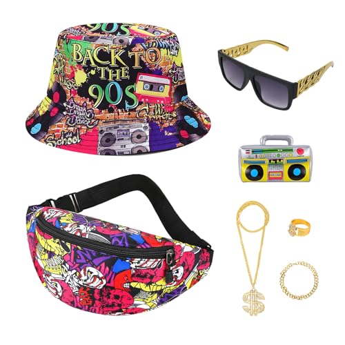 7Stück 90er Jahre Accessoires, 90er Jahre Outfit Herren, Zuhälter Kostüm Gangster Kostüm Herren Hip Hop Rapper Kostüm Mit Fischerhut Fasching Kostüm Karneval Kostüm Herren Damen Mottoparty (90er) von GADITIEK