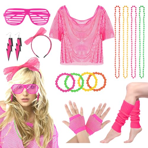 GADITIEK 80er Jahre Outfit Damen Festival Rave 90er, Malle Accessoires, Schlager Mallorca Party Kostüm Neon, Bad Taste 80s Kleidung Netzshirt Mottoparty, 2000er Netzoberteil, Aerobic Oberteil (Rosa) von GADITIEK