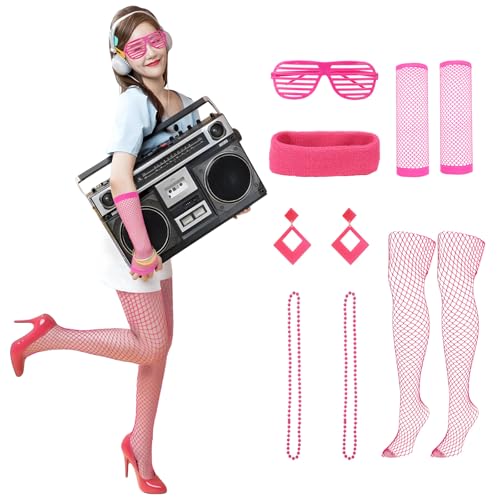 GADITIEK 90er 80er Jahre Outfit Damen, Bad Taste Neon Oberteil Party Kleidung Accessoires, 90 80 er Aerobic Kostüm Damen Mottoparty, 90s 80s Netzhandschuhe Schlagerparty Kostüme Frauen Karneval von GADITIEK