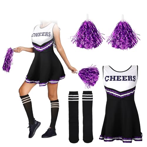 GADITIEK Cheerleader Kostüm Damen, Cheerleadering Outfit mit Pompons und Socken, Cheer Leader Uniform für Erwachsene Mädchen Damen Halloween Karneval Party (L) von GADITIEK