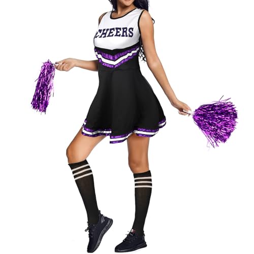 GADITIEK Cheerleader Kostüm Damen, Cheerleadering Outfit mit Pompons und Socken, Cheer Leader Uniform für Erwachsene Mädchen Damen Halloween Karneval Party (M) von GADITIEK