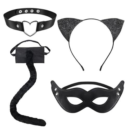 GADITIEK Katzenkostüm Damen - Schwarze Katze Kostüm Zubehö Damen - Katzenohren Haarreif Erwachsene, Katzenschwanz, Katzen Maske & Leder Halskette Set Für Halloween Karneval Party Cosplay von GADITIEK