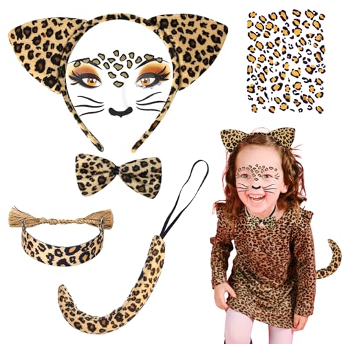 GADITIEK 6 Stück Leoparden Kostüm Damen - Leopard Fasching Kostüm für Kinder - Leoparden Ohren Haarreif, Schwanz, Fliege, Glitzer Tattoo, Karneval Tiger Kostüm, Katzenkostüm, Halloween Tierkostüm von GADITIEK