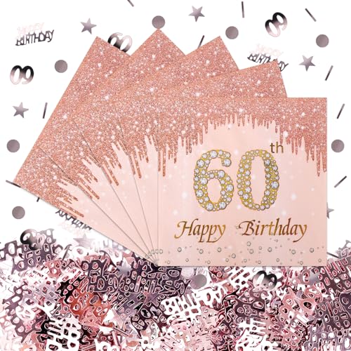 Servietten 60 Geburtstag Frau, 40Stück Happy Birthday Servietten Geburtstag Mit Konfetti Geburtstag, Deko 60. Geburtstag Servietten Rosa, Party Deko 60 Geburtstag Frau, Tischdeko 60 Geburtstag Frau von GADITIEK