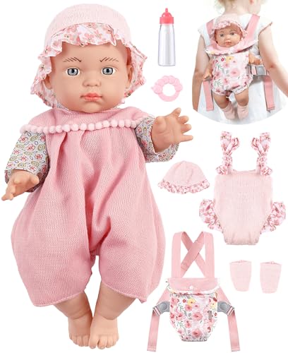 GAGAKU 30cm Puppe für Mädchen Tragezubehör, Reborn Baby Dolls inklusive Babytrage,Flaschen,Schnuller,Beißring,Socken,Mütze, Kleidungsset Erste Babypuppen für Kleinkinder ab 36 Monaten Geschenk von GAGAKU