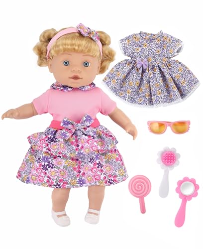 GAGAKU 33 cm Babypuppe mit Haaren, Mädchen-Babypuppen für Kleinkinder von 1-3 Jahren, Zubehör-Spielset mit goldenem Haar, 2 Sets Kleidung, Schuhe, Haarband, Brille, Spiegel, Kamm, Lutscher von GAGAKU