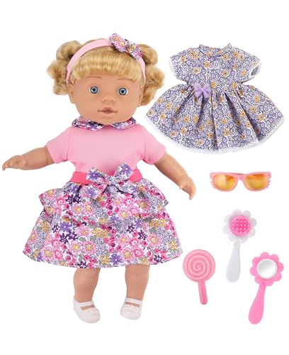 GAGAKU 33 cm Babypuppe mit Haaren, Mädchen-Babypuppen für Kleinkinder von 1-3 Jahren, Zubehör-Spielset mit goldenem Haar, 2 Sets Kleidung, Schuhe, Haarband, Brille, Spiegel, Kamm, Lutscher von GAGAKU