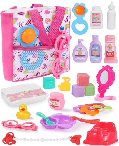 GAGAKU 23 pcs Zubehörset für Babypuppen, Fütterungs- und Pflegeset für Babypuppen,inklusive Wickeltasche,Puppenwindeln, Rollenspielset,Duschen,Essen und mehr,perfekt für Kinder,Kleinkinder und Mädchen von GAGAKU