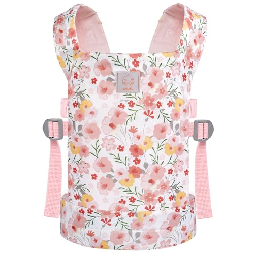 GAGAKU Babytrage Puppe für Kleine Mädchen Kinder Puppentrage Vorder- Rückentrage Puppentragetasche Babypuppentrage Kuscheltierträger Babytrage Puppe - Rose - Mallowenrose von GAGAKU