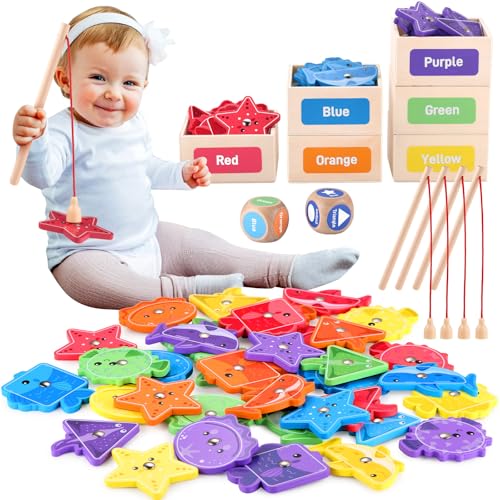 GAGAKU Angelspiel Holz ab 1 Jahr Fische Angeln für Kleinkinder 48-teiliges Magnet Spiele für Kinder - 6 Formen und Farbsortierung Kinderspielzeug Geburtstagsgeschenke für Jungen und Mädchen von GAGAKU